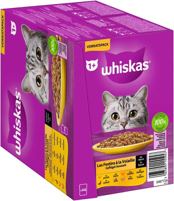 whiskas Portionsbeutel Katzen-Nassfutter Multipack Vorratspack 1+ Geflügel Auswahl in Sauce 24 x 85g